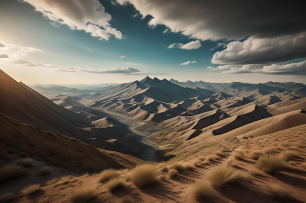 Paesaggio montuoso con dune di sabbia al tramonto