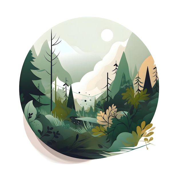 Paesaggio montuoso con foreste e montagne in cornice rotonda Illustrazione vettoriale