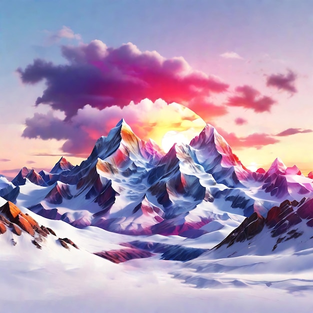 Paesaggio montuoso coperto di neve in inverno cielo rosa colorato generato dall'AI