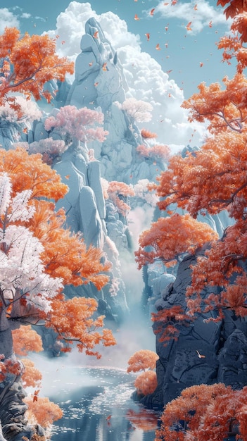 Paesaggio montuoso mistico con cascate e alberi colorati