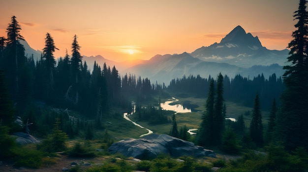 Paesaggio montuoso serale in una foresta