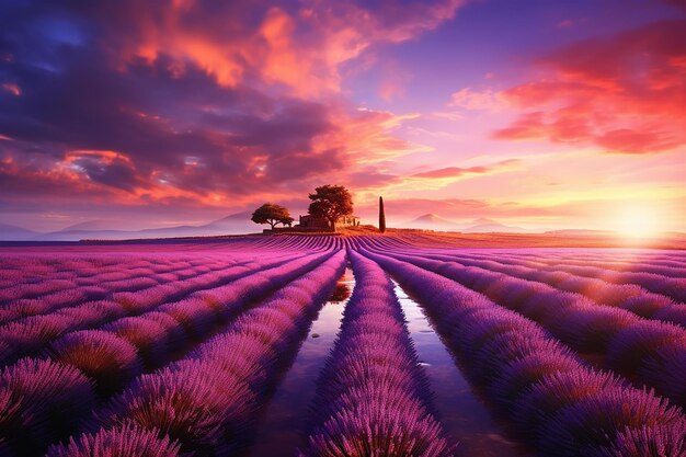 Paesaggio mozzafiato con campi di lavanda e tramonto