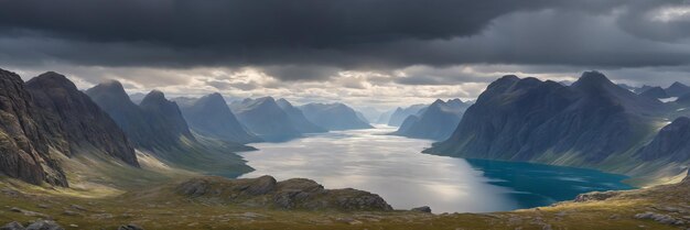 Paesaggio mozzafiato di un'ampia valle montuosa con un grande lago circondato da alte montagne e un cielo nuvoloso Generative AI