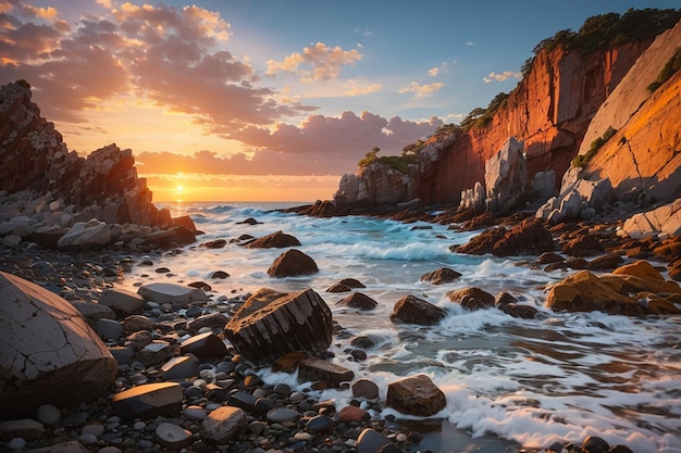 Paesaggio mozzafiato di una spiaggia rocciosa in un bellissimo tramonto