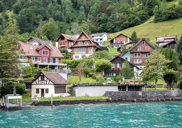 paesaggio natura e vista lago montagne e case in svizzera