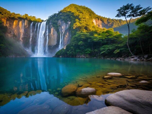 Paesaggio naturale con una cascata sul lago all'ora dorata