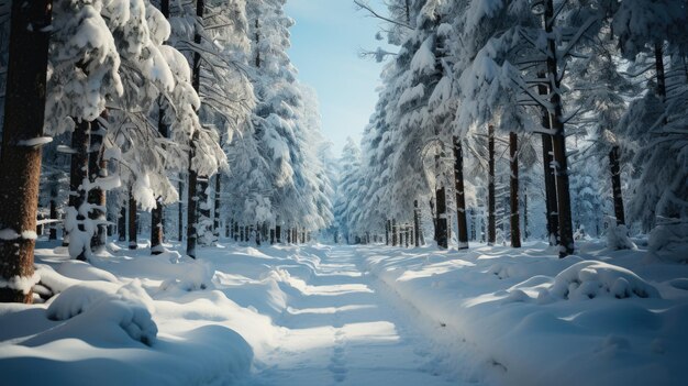 Paesaggio naturale della foresta di alberi con ghirlande e neve