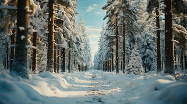 Paesaggio naturale della foresta di alberi con ghirlande e neve