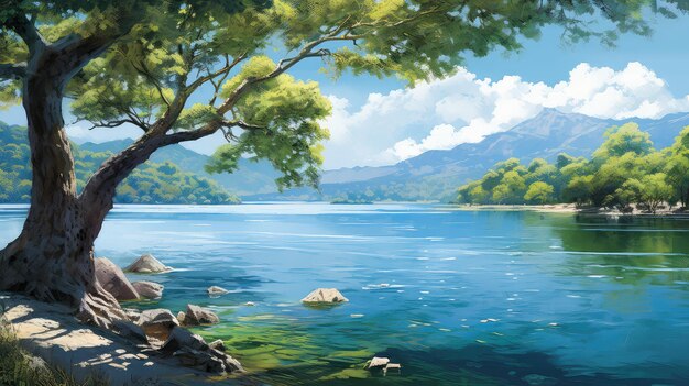 Paesaggio naturale di alberi del lago blu