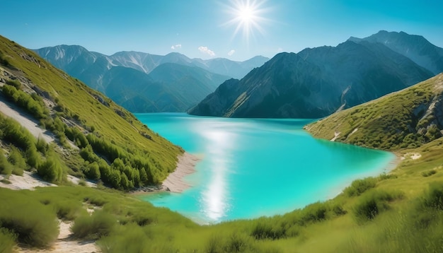 Paesaggio naturale di straordinaria bellezza di un lago di montagna con una superficie d'acqua scintillante turchese sur