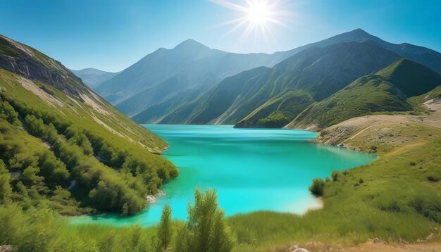 Paesaggio naturale di straordinaria bellezza di un lago di montagna con una superficie d'acqua scintillante turchese sur