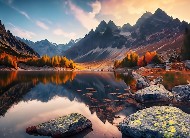 Paesaggio naturale fantastico Scena bellissima con alte cime delle montagne Tatra pietre nel lago di montagna