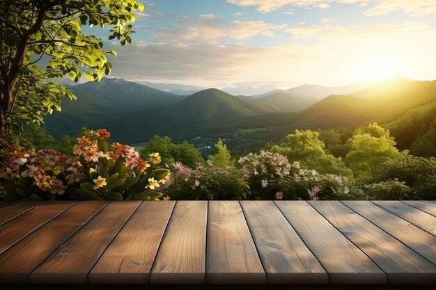 Paesaggio naturale mattutino con tavolo da terrazza in legno