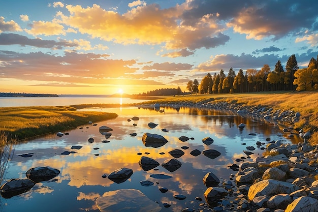 paesaggio naturale paesaggio naturale nell'Europa settentrionale riflesso cielo blu e luce solare gialla paesaggio durante il tramonto