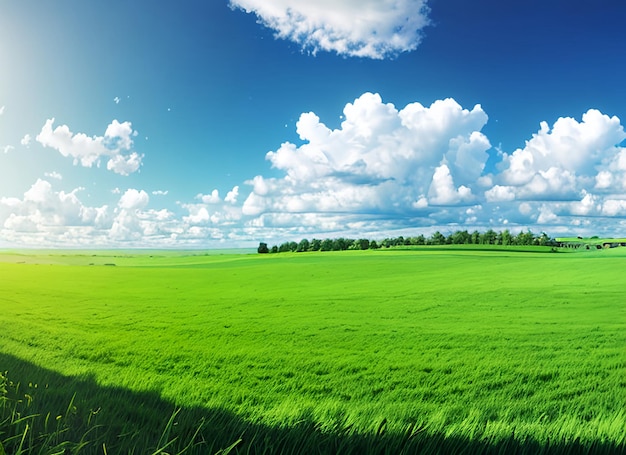 Paesaggio naturale panoramico con campo di erba verde, cielo azzurro con nuvole e montagne sullo sfondo