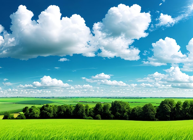 Paesaggio naturale panoramico con campo di erba verde, cielo azzurro con nuvole e montagne sullo sfondo