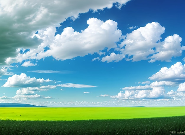 Paesaggio naturale panoramico con campo di erba verde, cielo azzurro con nuvole e montagne sullo sfondo