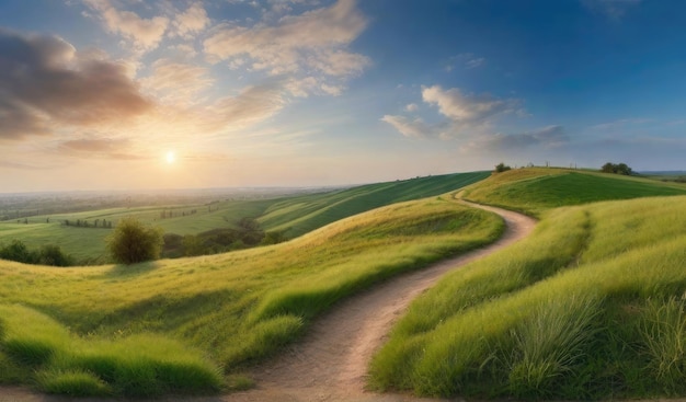 Paesaggio naturale panoramico con erba verde, campo blu, cielo blu con nuvole e montagne sullo sfondo