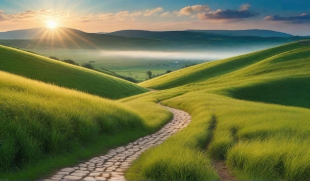 Paesaggio naturale panoramico con erba verde, campo blu, cielo blu con nuvole e montagne sullo sfondo