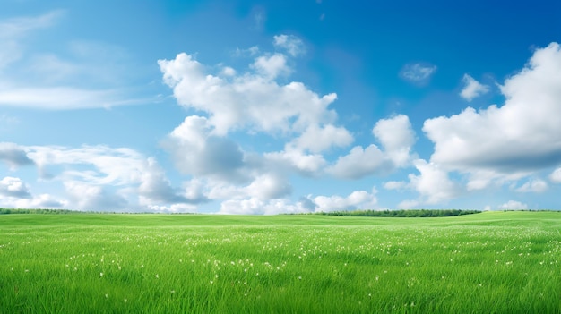 Paesaggio naturale panoramico con erba verde campo cielo blu con nuvole e e montagne