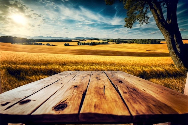 Paesaggio naturale Piattaforma di legno in un luogo pittoresco Vecchio tavolo di legno di fronte alla natura Piattaforma di assi con cielo estivo blu Luogo per esporre merci su tavolo di legno ai generativo