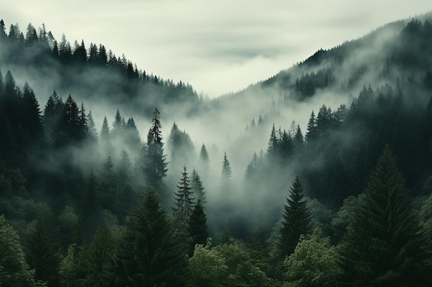 Paesaggio nebbioso con bosco di abeti