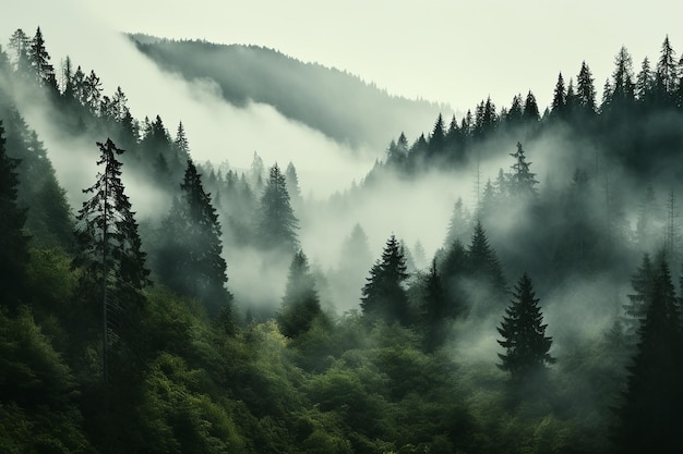 Paesaggio nebbioso con bosco di abeti