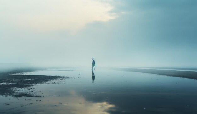 Paesaggio nebbioso con la sagoma di una persona che cammina lungo la spiaggia Generato dall'intelligenza artificiale