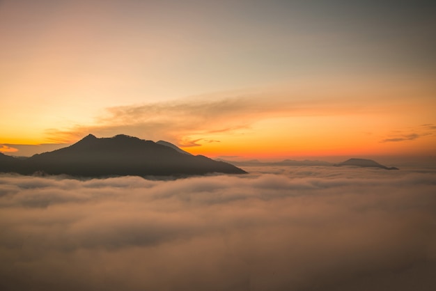 Paesaggio nebbioso di alba di vista superiore della montagna della nebbia della collina della foresta nebbiosa