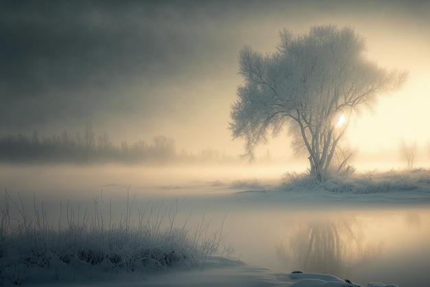 Paesaggio nebbioso invernale con albero solitario e fiume Moody e atmosferico