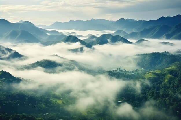 Paesaggio nebbioso nella giungla Nebbia e montagna di nuvole