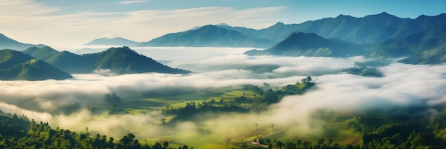 Paesaggio nebbioso nella giungla Nebbia e nuvola montagna tropico paesaggio valle vista aerea ampia mis