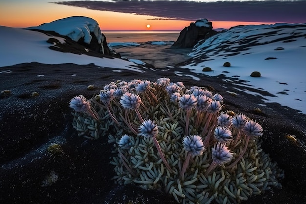 Paesaggio nella stagione invernale piccoli fiori in una radura tra i massi sotto i raggi del sole della sera IA generativa