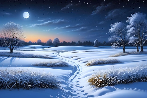 Paesaggio nevoso all'aperto invernale in una notte di luna con le stelle nel cielo e una strada