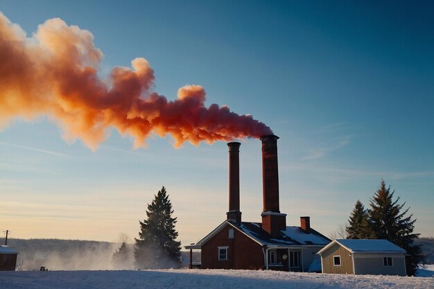 Paesaggio nevoso di fumo di camino