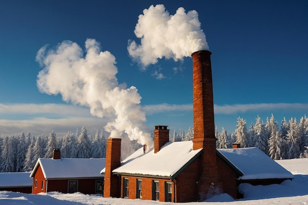 Paesaggio nevoso di fumo di camino