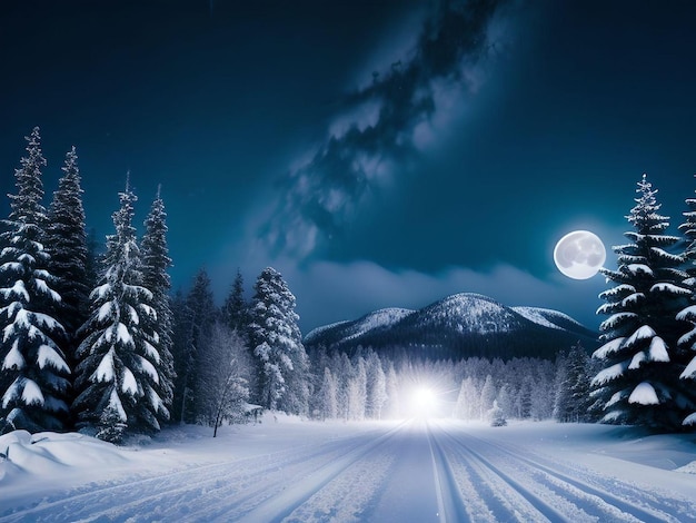 Paesaggio nevoso di mezzanotte con pini e montagne e luna piena nel cielo