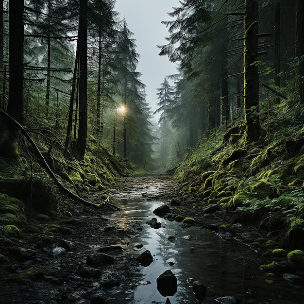 Paesaggio norvegese della foresta pluviale serale immerso nella luce della sera