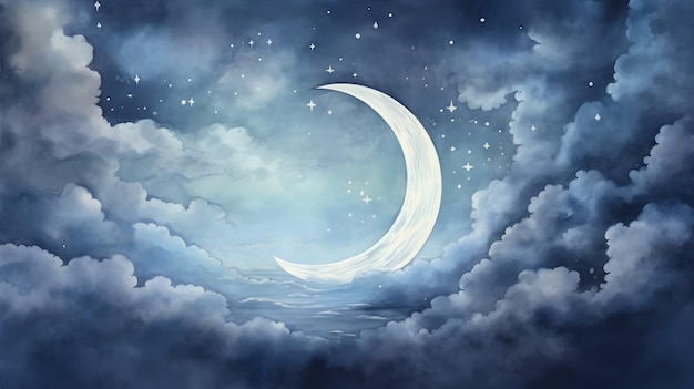 Paesaggio notturno ad acquerello con nuvole lunari e stelle