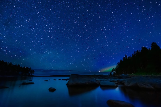 Paesaggio notturno con cielo stellato e Via Lattea con molte stelle luminose Astrofotografia con costellazioni e galassie sull'acqua