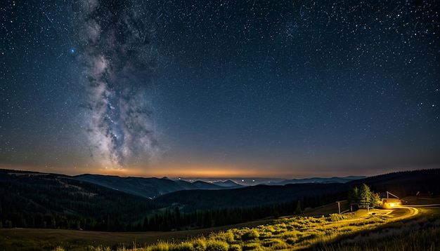 Paesaggio notturno con la colorata Via Lattea e luce gialla sulle montagne Cielo stellato con colline in estate