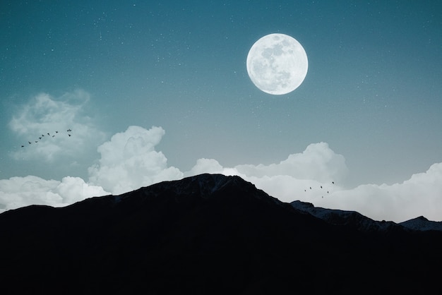 Paesaggio notturno con luna piena e cielo nuvoloso