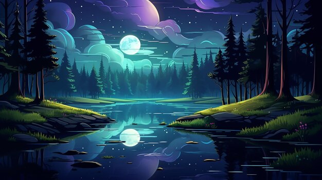 paesaggio notturno con super luna stelle della foresta scura e riflesso su un'illustrazione di fiume