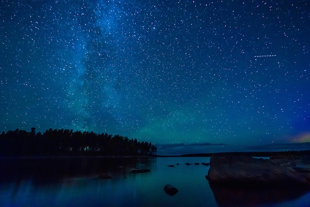 Paesaggio notturno con un cielo stellato e la via lattea con stelle e costellazioni sull'acqua