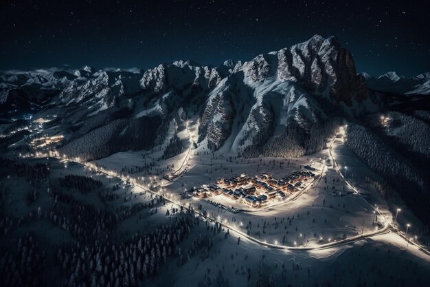 Paesaggio notturno dell'illustrazione del villaggio della stazione sciistica invernale IA generativa