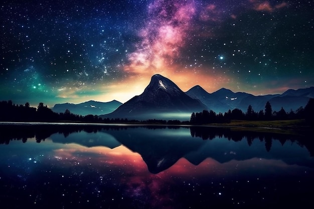 Paesaggio notturno della natura galassia montagna acqua stella beau