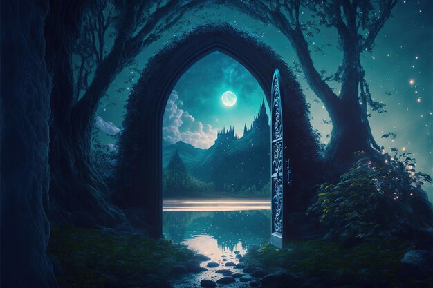 Paesaggio notturno fantasy con porta elfica incantata in un'altra dimensione