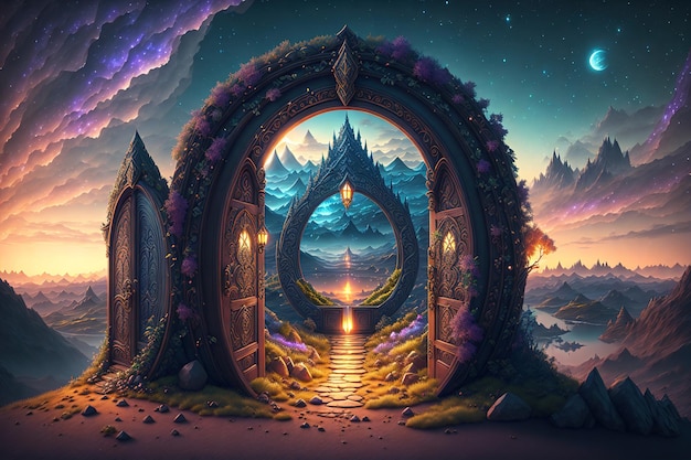 Paesaggio notturno fantasy con porta elfica incantata in un'altra dimensione
