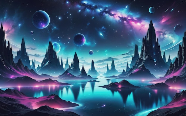 Paesaggio notturno fantasy futuristico con isole astratte e cielo notturno con galassie spaziali