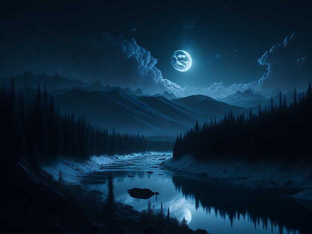 Paesaggio notturno fiume foresta oscura